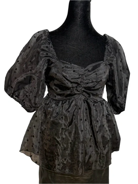 Molly Green Black Dotted Swiss Puff Sleeve Smocked Empire Waist Peplum Top Small - Picture 2 of 11